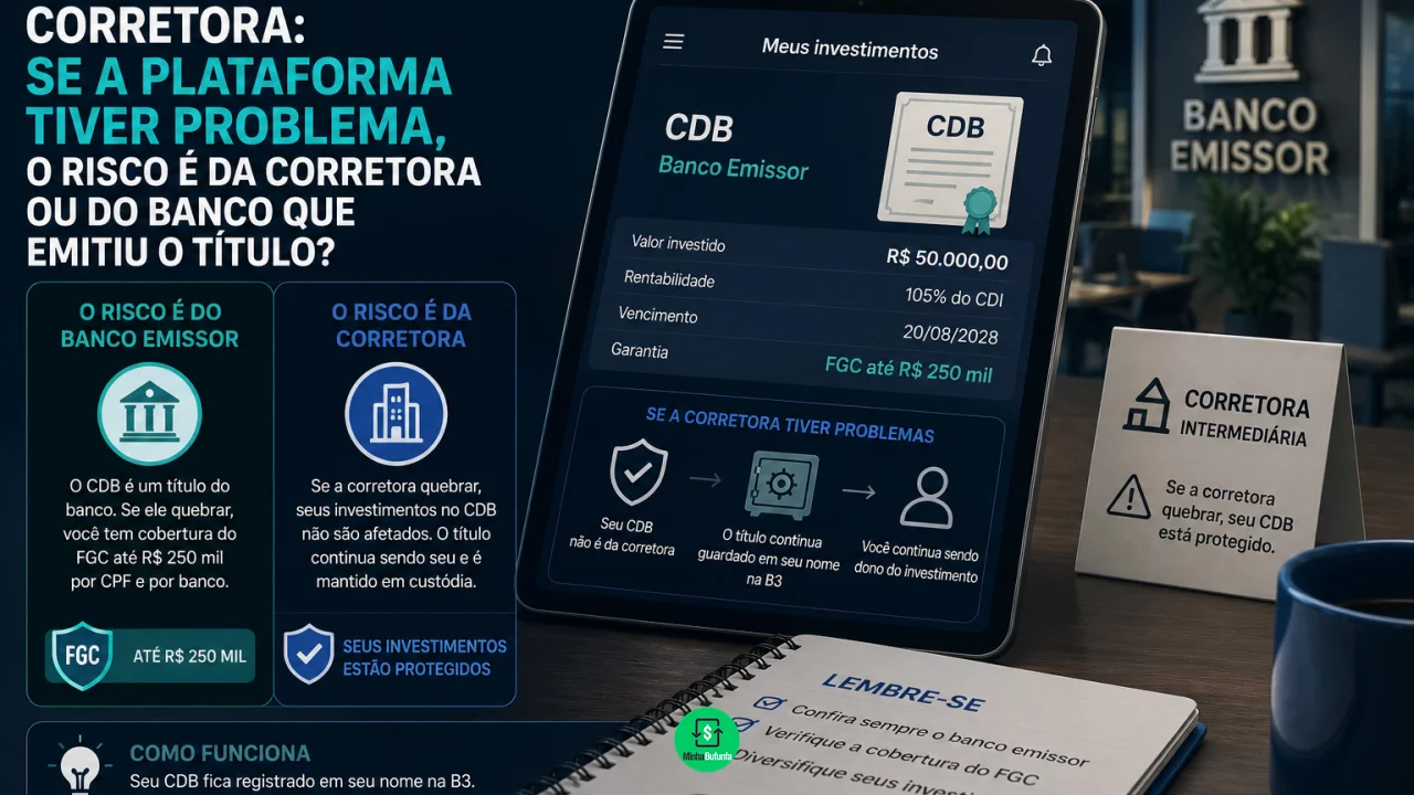 CDB comprado pela corretora: se a plataforma tiver problema, o risco é da corretora ou do banco que 